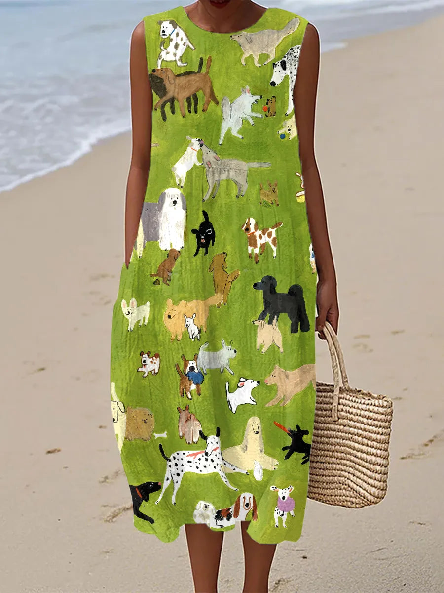 Isabella | Oil Painting Dog Print Midi Dress