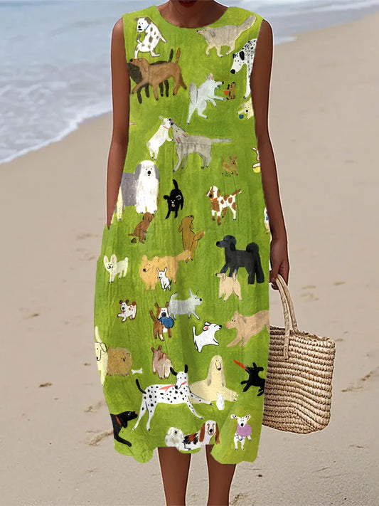 Isabella | Oil Painting Dog Print Midi Dress